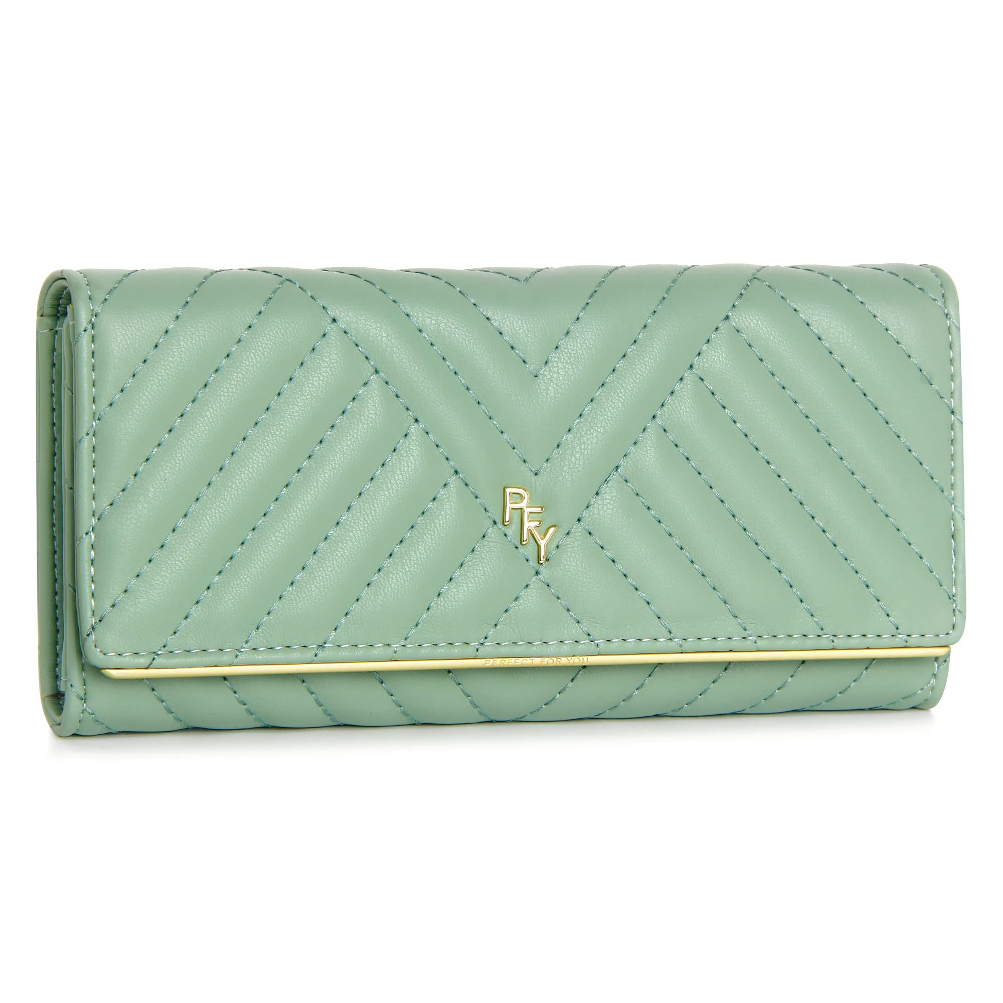 ZRTARY Quilted Soft Leather Long Wallets for Women Slim Trifold Clutch Wallet PU Vegan Leather with Coin Pouch(Green)