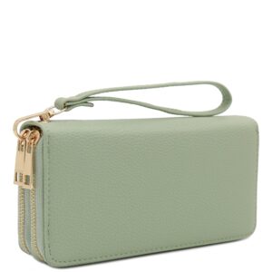 Double Zip Around Vegan Leather Wristlet Wallet (Mint)