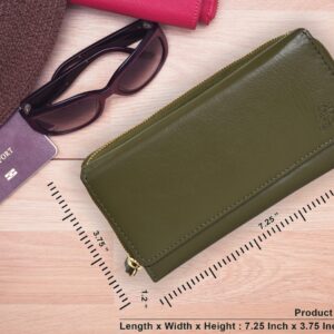 Womens Leather Wallet Rfid Blocking Zip Around Clutch 2 ID Window With 32 Slots | Real Smooth Genuine Leather Wallet | Multiple Card Holder | Compact Premium Best Handmade Gift | Olive Green