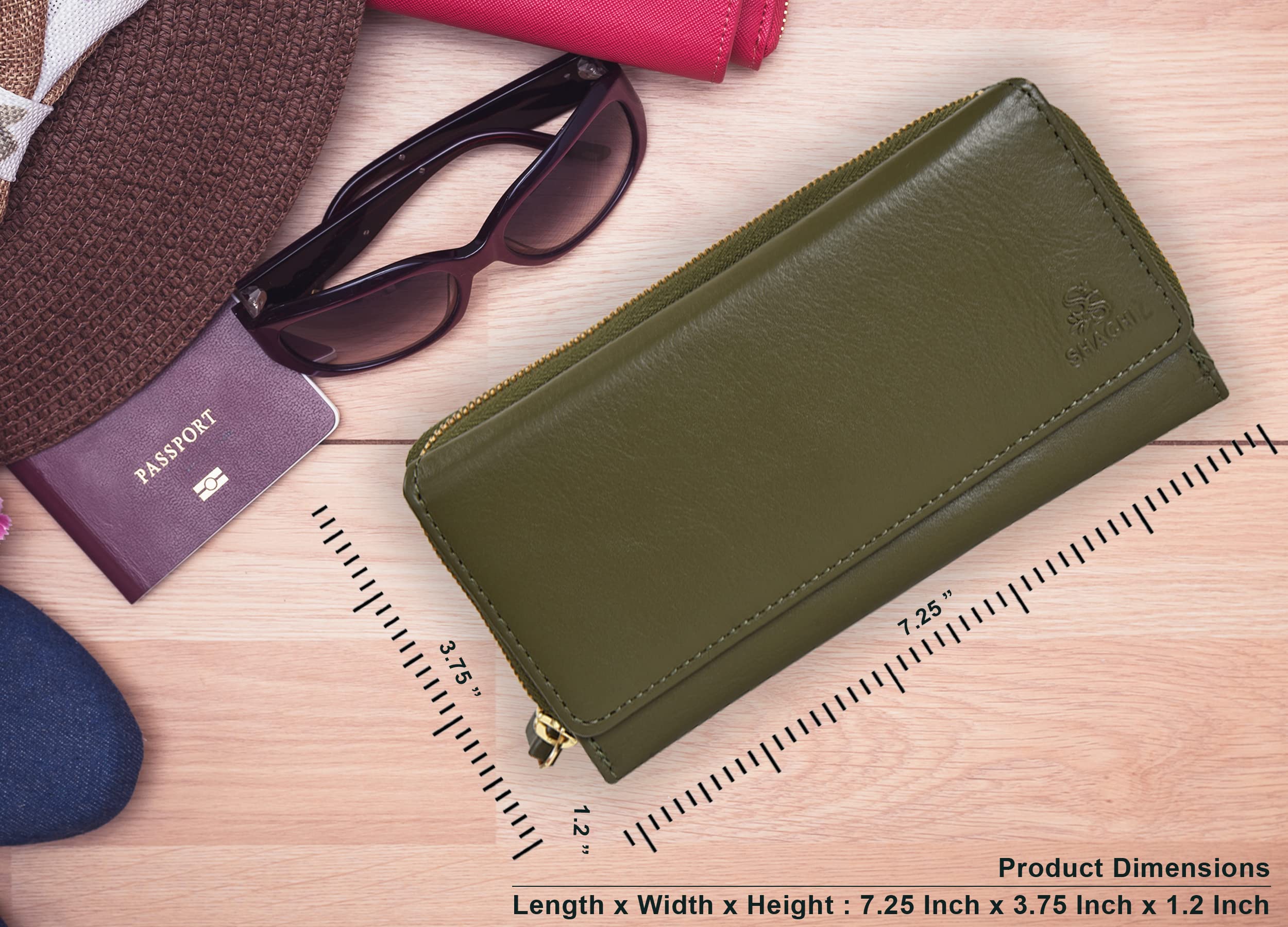 Womens Leather Wallet Rfid Blocking Zip Around Clutch 2 ID Window With 32 Slots | Real Smooth Genuine Leather Wallet | Multiple Card Holder | Compact Premium Best Handmade Gift | Olive Green