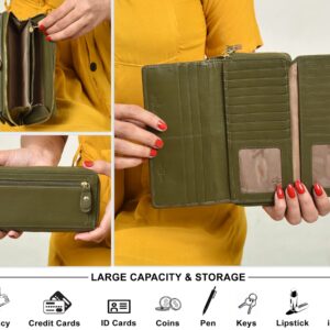 Womens Leather Wallet Rfid Blocking Zip Around Clutch 2 ID Window With 32 Slots | Real Smooth Genuine Leather Wallet | Multiple Card Holder | Compact Premium Best Handmade Gift | Olive Green