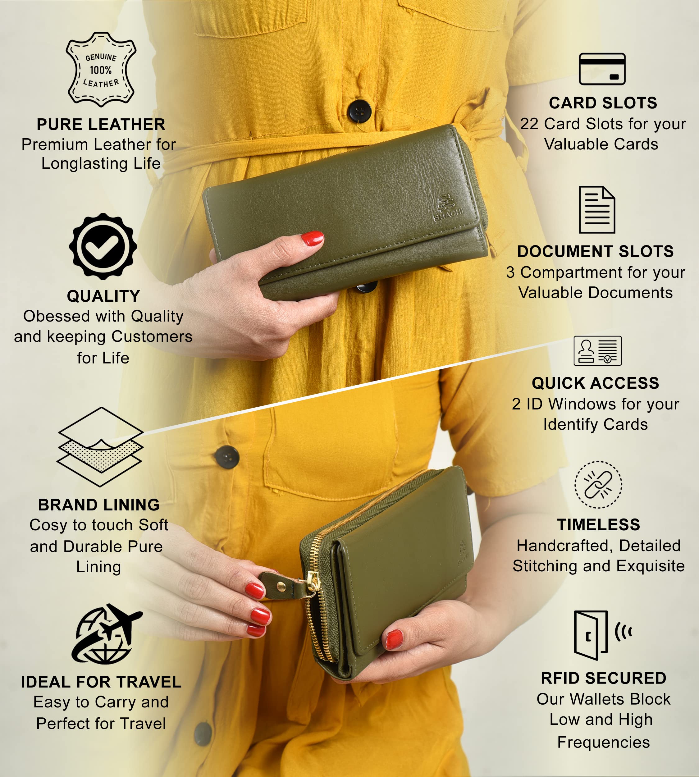 Womens Leather Wallet Rfid Blocking Zip Around Clutch 2 ID Window With 32 Slots | Real Smooth Genuine Leather Wallet | Multiple Card Holder | Compact Premium Best Handmade Gift | Olive Green