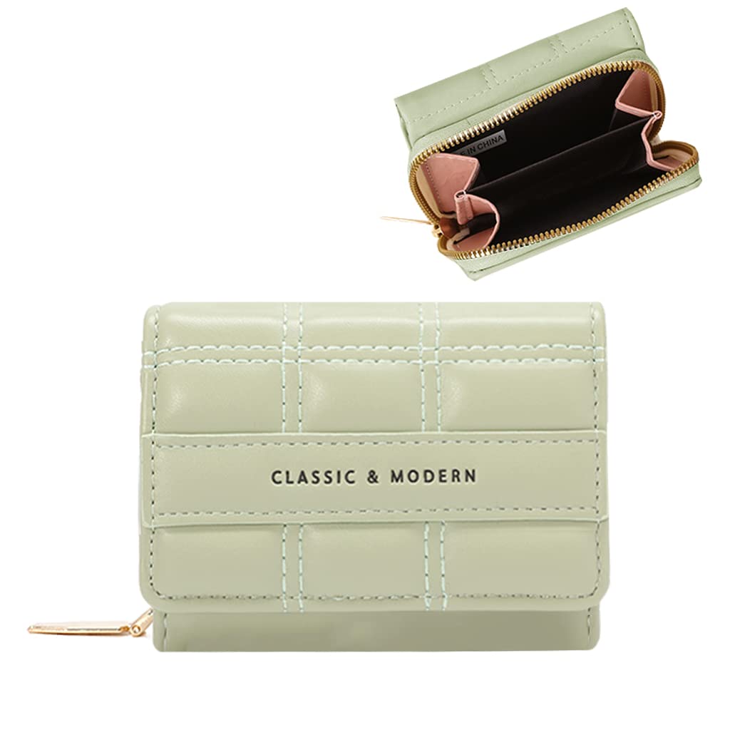 Sunwel Fashion Quilted Women's Wallets with Exterior Zipper Around Coin Purse Tri-fold Bill Wallet with 7 Card Slots 1 ID Window (GREEN)