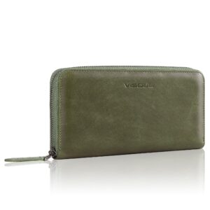 visoul leather long zippered pouch wallet for men and women with rfid blocking, large clutch cash long wallet with zipper (olive green)