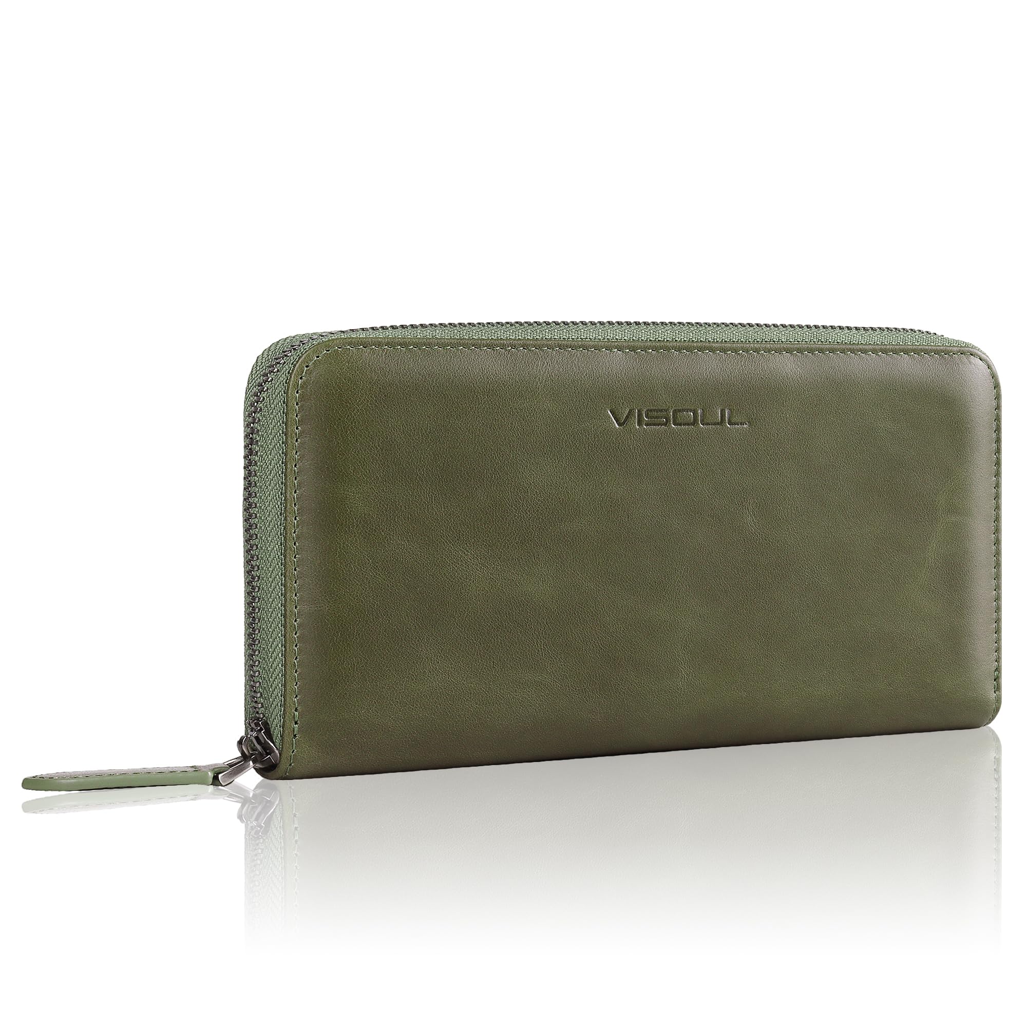 VISOUL Leather Long Zippered Pouch Wallet for Men and Women with RFID Blocking, Large Clutch Cash Long Wallet with Zipper (Olive Green)