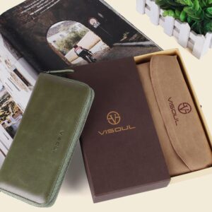 VISOUL Leather Long Zippered Pouch Wallet for Men and Women with RFID Blocking, Large Clutch Cash Long Wallet with Zipper (Olive Green)