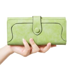 Cynure Women's Vegan Leather 17 Card Slots Card Holder Long Big Bifold Wallet,Light Green