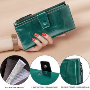 Itslife Women's Wallet Leather RFID Blocking Large Capacity Genuine Clutch Checkbook Wallet Card holder (oilgreen)