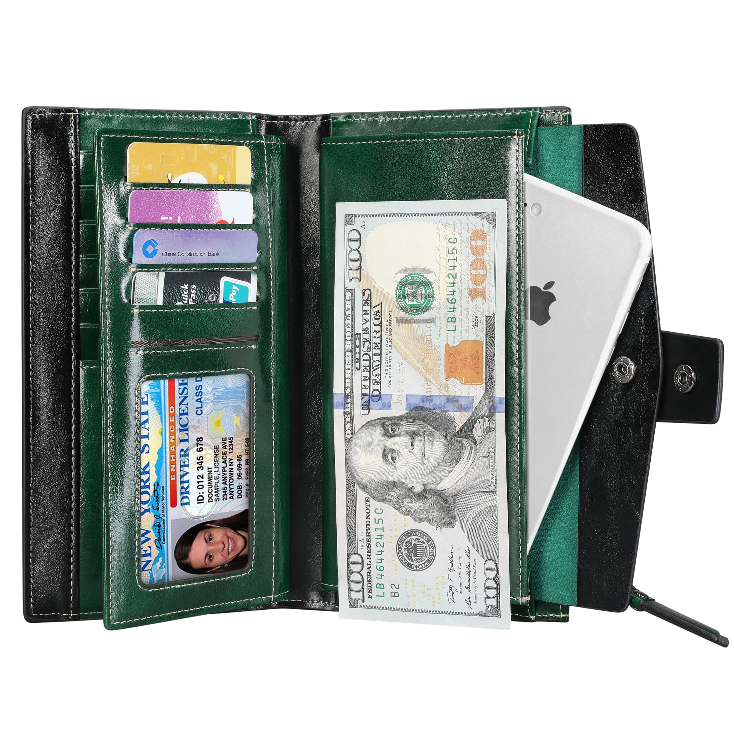 Itslife Women's Wallet Leather RFID Blocking Large Capacity Genuine Clutch Checkbook Wallet Card holder (oilgreen)