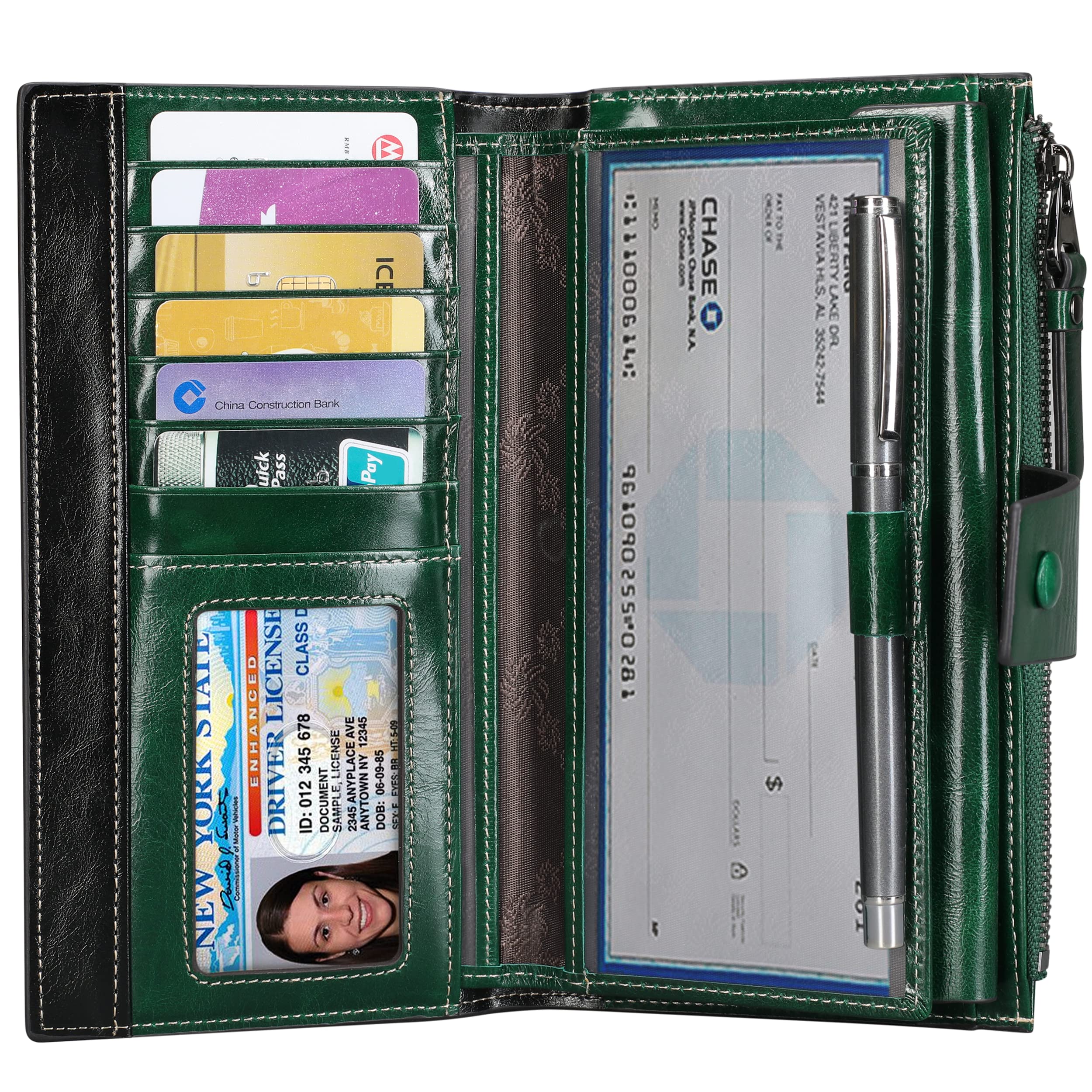 Itslife Women's Wallet Leather RFID Blocking Large Capacity Genuine Clutch Checkbook Wallet Card holder (oilgreen)