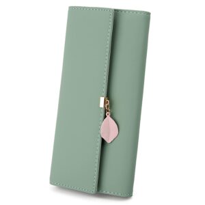 uto wallet for women pu leather leaf pendant card holder phone checkbook organizer zipper coin purse green