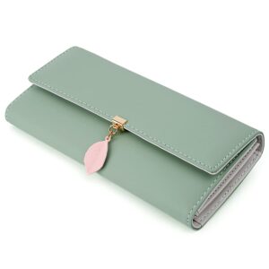 UTO Wallet for Women PU Leather Leaf Pendant Card Holder Phone Checkbook Organizer Zipper Coin Purse Green