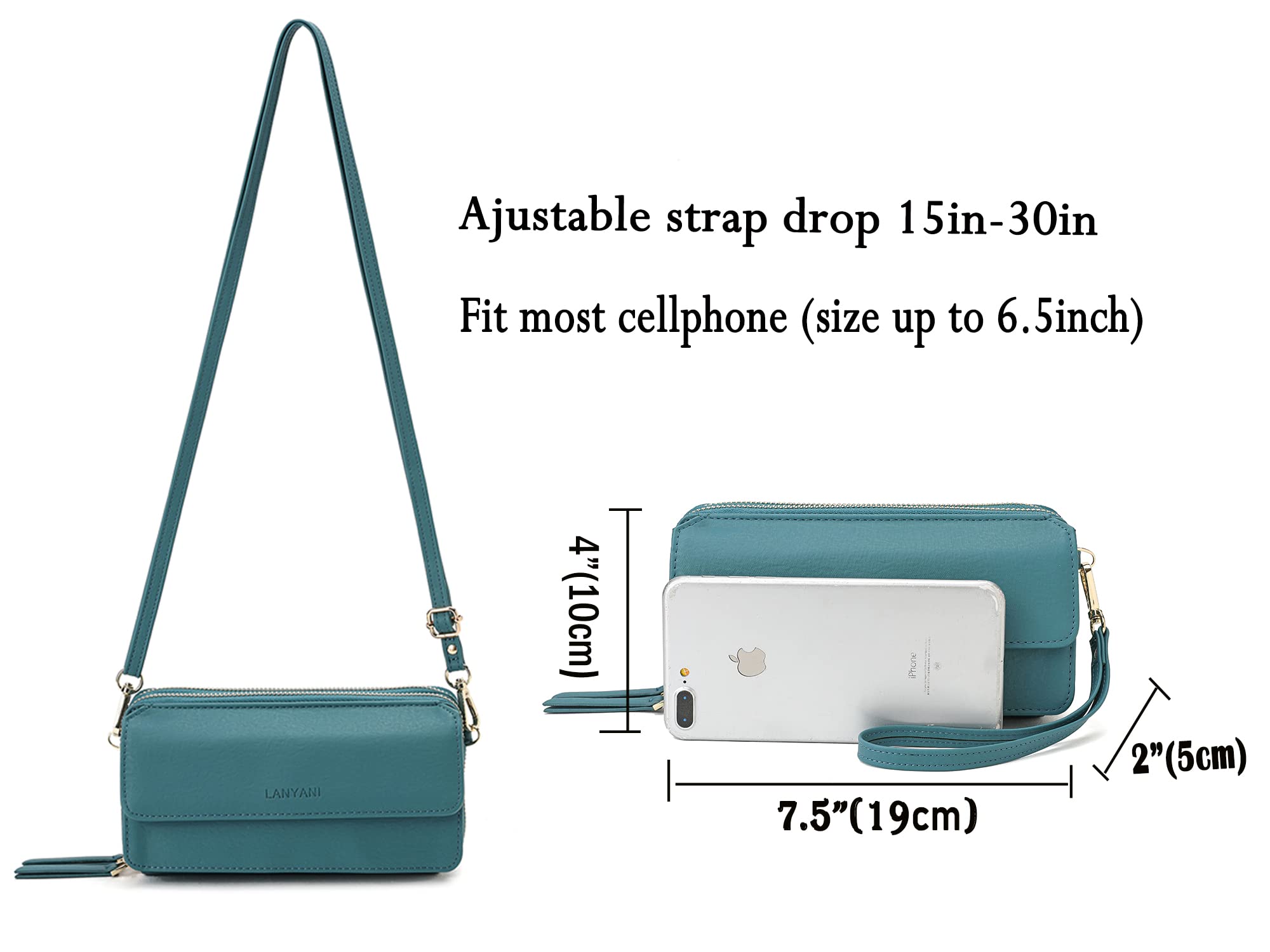 Women Crossbody Wallet Purse, Small Phone Bag With Shoulder Strap, Ladies RFID Wristlet Cross Body Mini Handbag Lightweight Turquoise Fabric