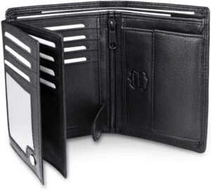 frentree men's trifold nappa leather wallet, 15 card slots, rfid protection, portrait format, black