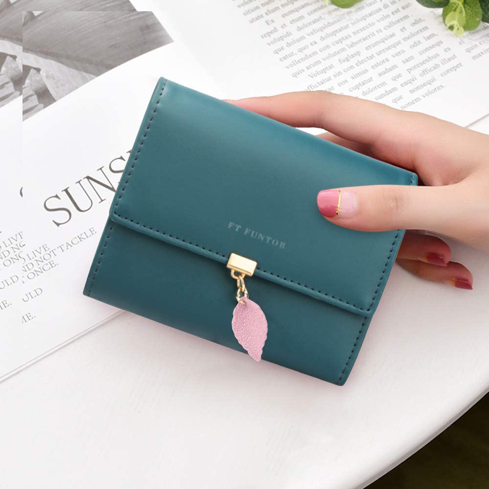 FT FUNTOR RFID Wallets for Women, Leaf Card Holder Trifold Ladies Wallets Coins Zipper Pocket with ID Window Small Teal Blue