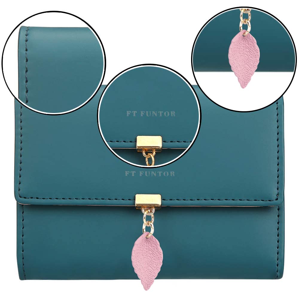 FT FUNTOR RFID Wallets for Women, Leaf Card Holder Trifold Ladies Wallets Coins Zipper Pocket with ID Window Small Teal Blue