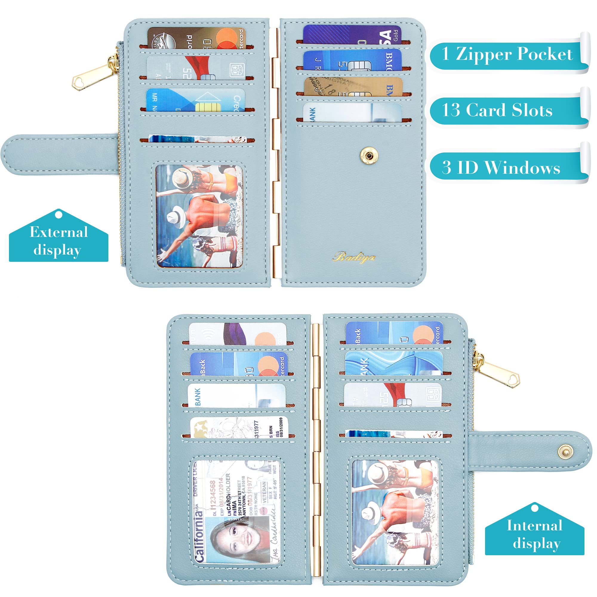 Badiya Credit Card Holder for Women RFID Blocking Slim Wallet Bifold Multi Card Case Zipper Pocket with 3 ID Window