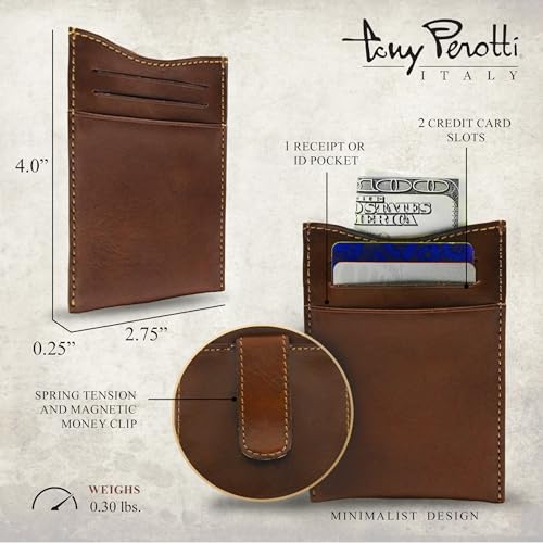 Tony Perotti Italian Leather Men's Money Clip Wallet With Pocket - Magnetic Money Clip Outside and Credit Card Slots - Eco-Friendly Tanned Full Grain Leather Wallet Made in Italy