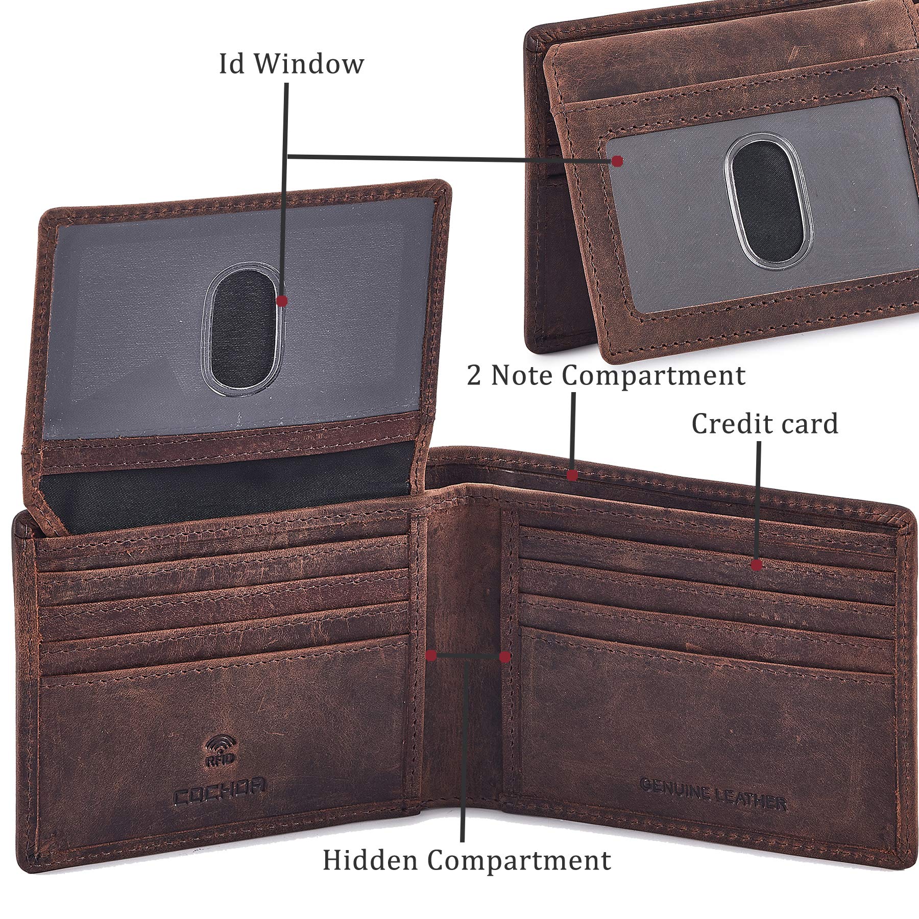 Cochoa Wallet for Men's RFID Blocking Real Leather Bifold Stylish 2 ID Window in Gift Box (CRAZY HORSE, COGNAC)