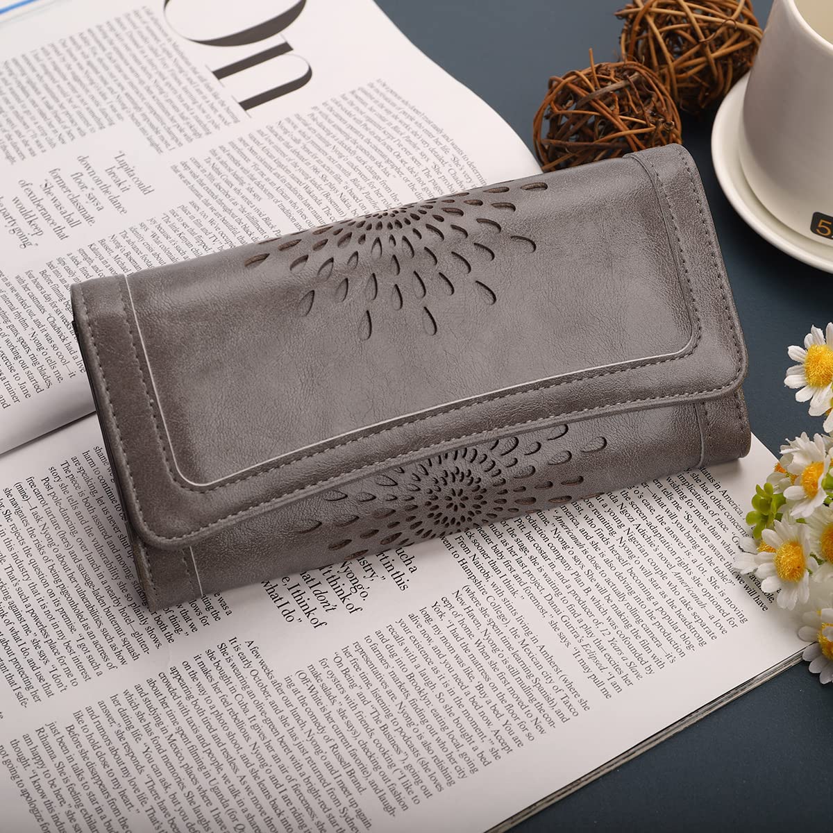 APHISON Womens Wallets RFID Blocking PU Leather Clutch Long Wallet for Women Card Holder Phone Organizer Ladies Travel Purse Hollow Out Sunflower Design Gift Box 2214 Dark-gray