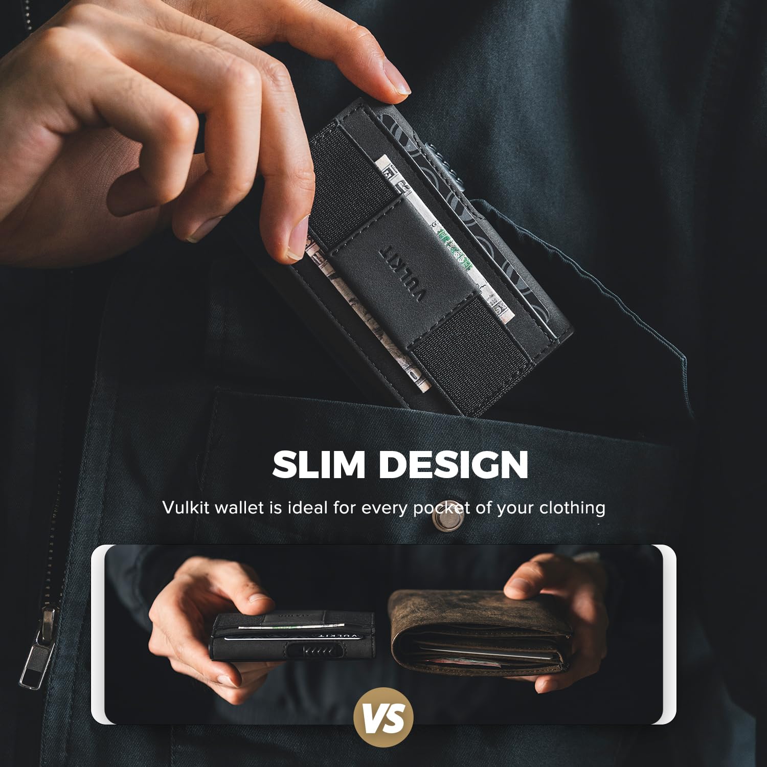 VULKIT Slim Wallet for Men Inner Pop Up RFID Blocking Aluminum Card Holder Leather Minimalist Wallet with Cash Strap and ID Window Black