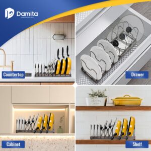 Damita Expandable Pot and Pan Organizer Rack for Cabinet, 2 Pack Pot Lid Holder with 10 Adjustable Compartments - Ideal Kitchen Cabinet Organizer for Cutting Board, Frying Pan, and More (Brown)