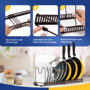 Damita Expandable Pot and Pan Organizer Rack for Cabinet, 2 Pack Pot Lid Holder with 10 Adjustable Compartments - Ideal Kitchen Cabinet Organizer for Cutting Board, Frying Pan, and More (Brown)