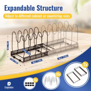 Damita Expandable Pot and Pan Organizer Rack for Cabinet, 2 Pack Pot Lid Holder with 10 Adjustable Compartments - Ideal Kitchen Cabinet Organizer for Cutting Board, Frying Pan, and More (Brown)