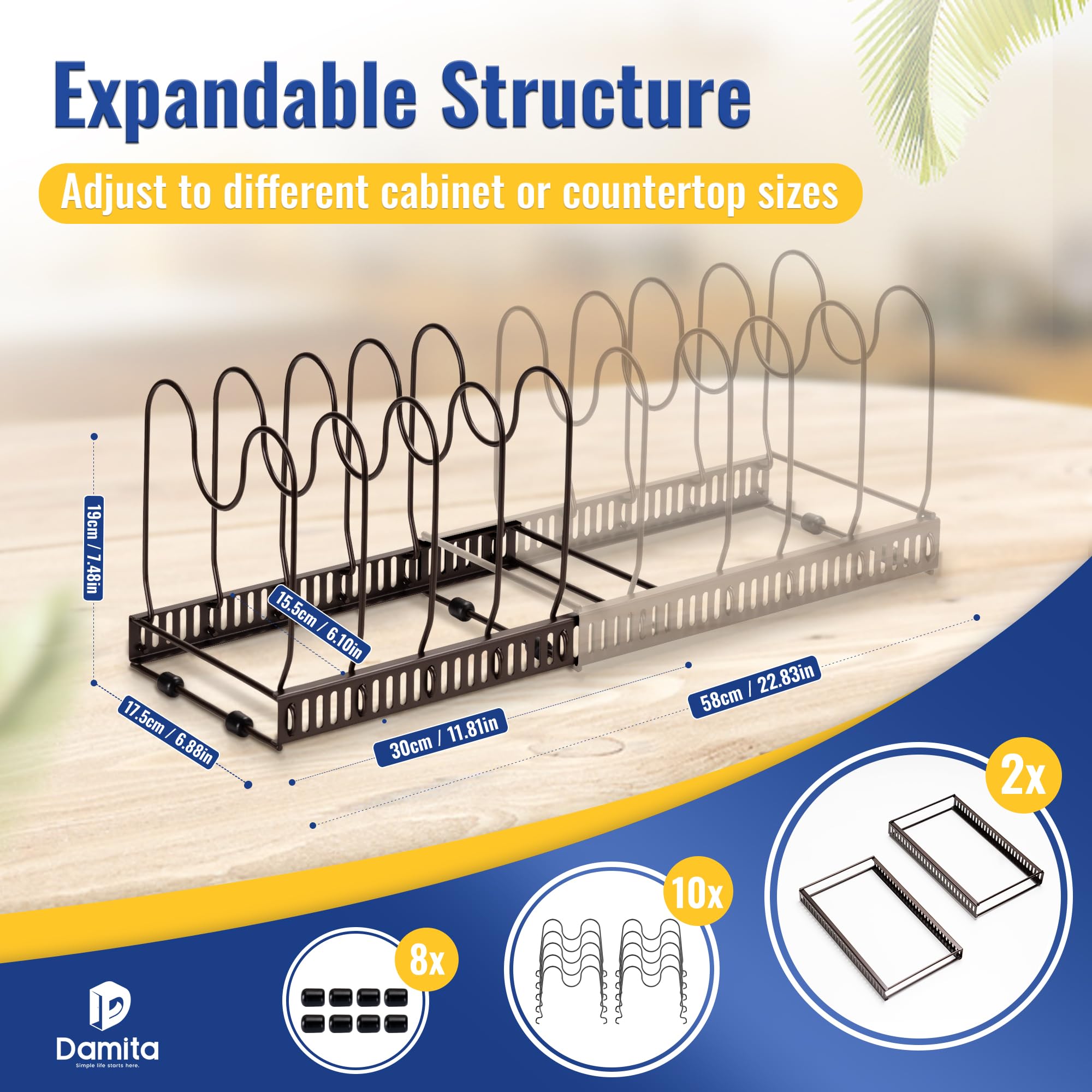 Damita Expandable Pot and Pan Organizer Rack for Cabinet, 2 Pack Pot Lid Holder with 10 Adjustable Compartments - Ideal Kitchen Cabinet Organizer for Cutting Board, Frying Pan, and More (Brown)