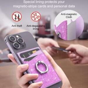 Anfauny MagSafe Phone Wallet - Leather Magnetic Cell Phone Wallet Card Holder with 360°Rotation Ring Phone Stand & RFID Blocking Compatible with iPhone 15/14/13/12 Series & MagSafe Cases - Purple