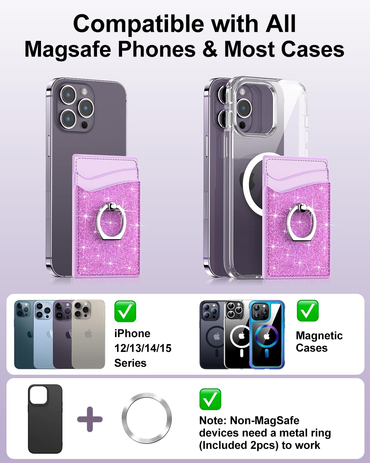 Anfauny MagSafe Phone Wallet - Leather Magnetic Cell Phone Wallet Card Holder with 360°Rotation Ring Phone Stand & RFID Blocking Compatible with iPhone 15/14/13/12 Series & MagSafe Cases - Purple