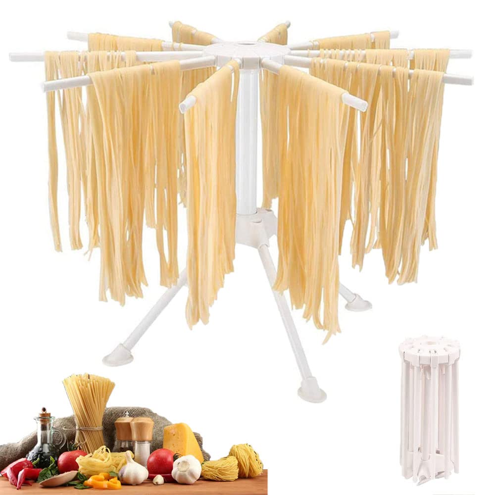 HOUPDA Pasta Drying Rack Collapsible, Noodle Stand with 10 Bar Handles Spaghetti Dryer Stand,Household Noodle Dryer Rack Hanging for Home Use (White)