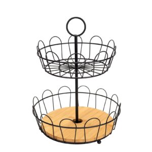 2-Tier Farmhouse Fruit Basket Stand, Wire Fruit Vegetables Countertop Storage Rack, Multifunctional Detachable Bread Snack Holder Bowl for Kitchen and Bathroom Organization - Black