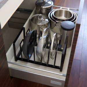 YAMAZAKI Home Tower Under Sink Pot Lids And Frying Pan Storage Kitchen Drawer Organizer Rack - Steel