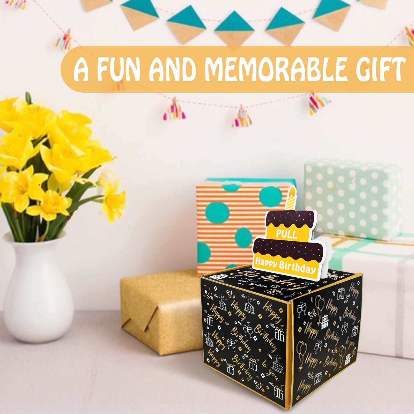 DTESL Happy Birthday Day Money Box for Cash Gift Pull,Money Gift Boxes for Cash,Money Box for Cash Gift Black & Gold Money Holder for Cash with Pull Out Card DIY Set Surprise Birthday Gift Box