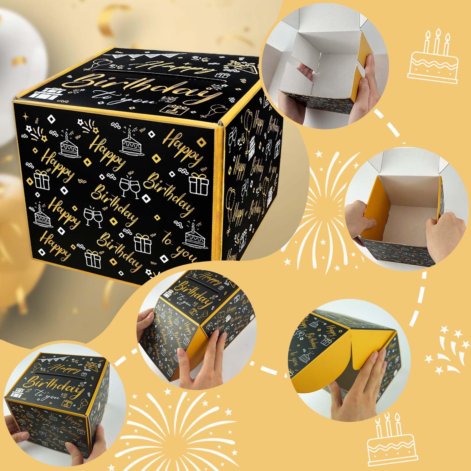 DTESL Happy Birthday Day Money Box for Cash Gift Pull,Money Gift Boxes for Cash,Money Box for Cash Gift Black & Gold Money Holder for Cash with Pull Out Card DIY Set Surprise Birthday Gift Box