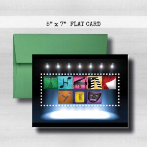 Broadway Thank You Card, Musical, Drama, Play 5" x 7" FLAT CARD-Back Side is BLANK, 9 color choices for envelope, Letter Art