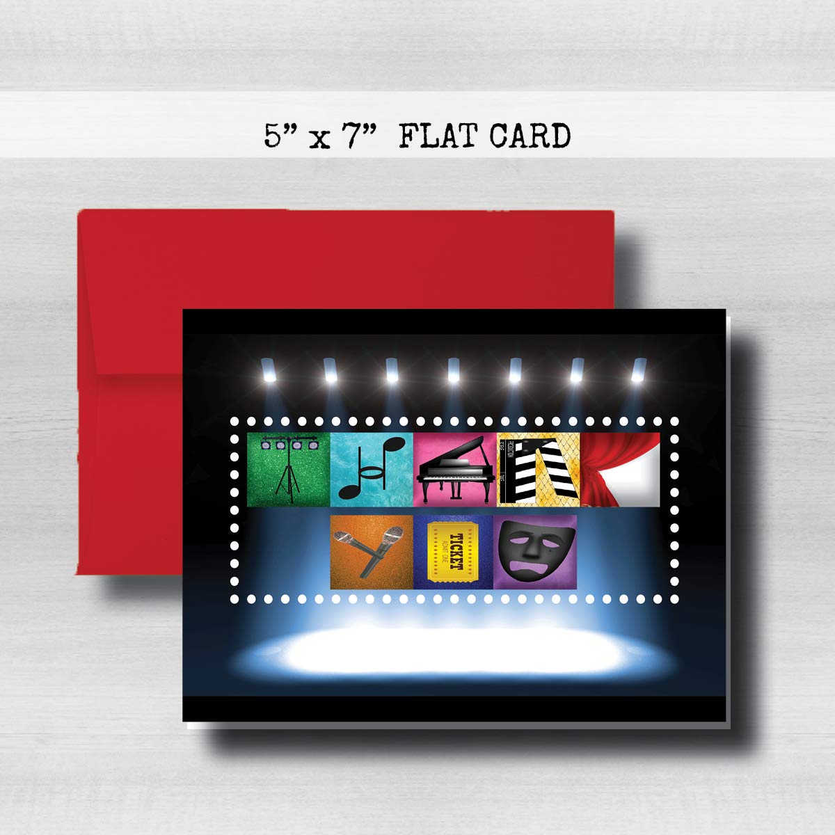 Broadway Thank You Card, Musical, Drama, Play 5" x 7" FLAT CARD-Back Side is BLANK, 9 color choices for envelope, Letter Art