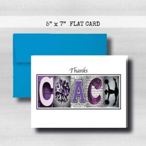 Personalized Cheerleading Purple Coach Thank You Card, 5"x 7" FLAT CARD, Greeting Cards