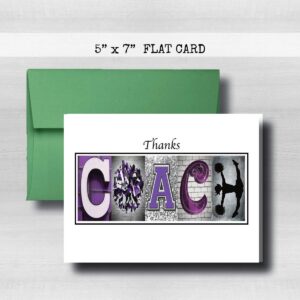 Personalized Cheerleading Purple Coach Thank You Card, 5"x 7" FLAT CARD, Greeting Cards