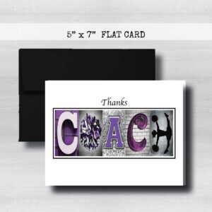 Personalized Cheerleading Purple Coach Thank You Card, 5"x 7" FLAT CARD, Greeting Cards