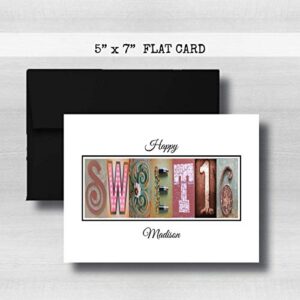 Personalized Sweet 16 Birthday Card, 5" x 7" FLAT CARD, Rose Gold Greeting Cards,