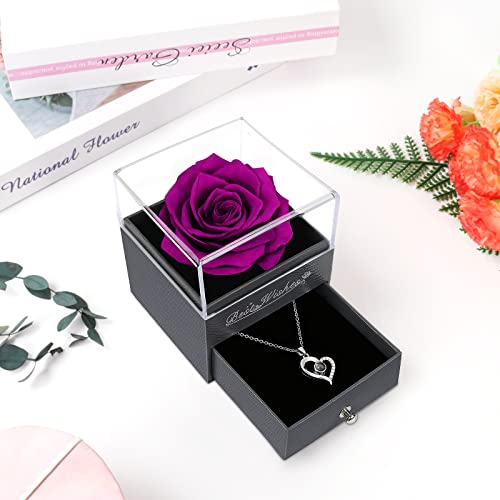 Childom Preserved Flower Birthday Gifts For Women,Purple Rose Flowers Mothers Day Rose Gifts for Mom,Valentines Gifts for Her,Fresh Real Rose Flower With Necklace I Love You Gifts For Mom,Wife,Grandma