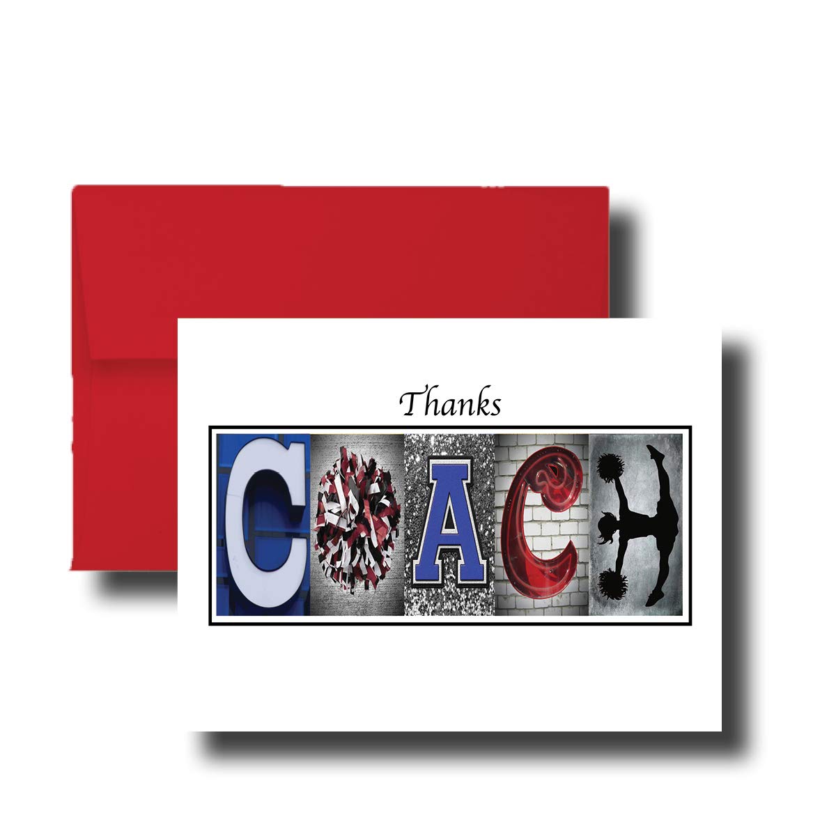 Personalized Cheerleading Red Blue Coach Thank You Card, 5"x 7" FLAT CARD, Greeting Cards