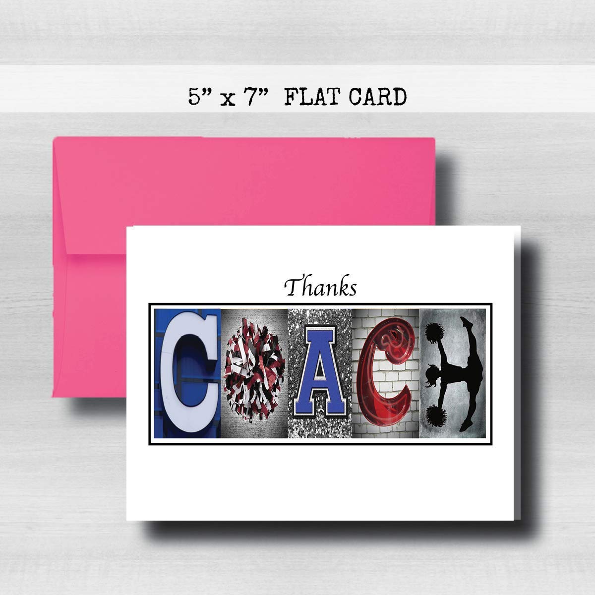 Personalized Cheerleading Red Blue Coach Thank You Card, 5"x 7" FLAT CARD, Greeting Cards