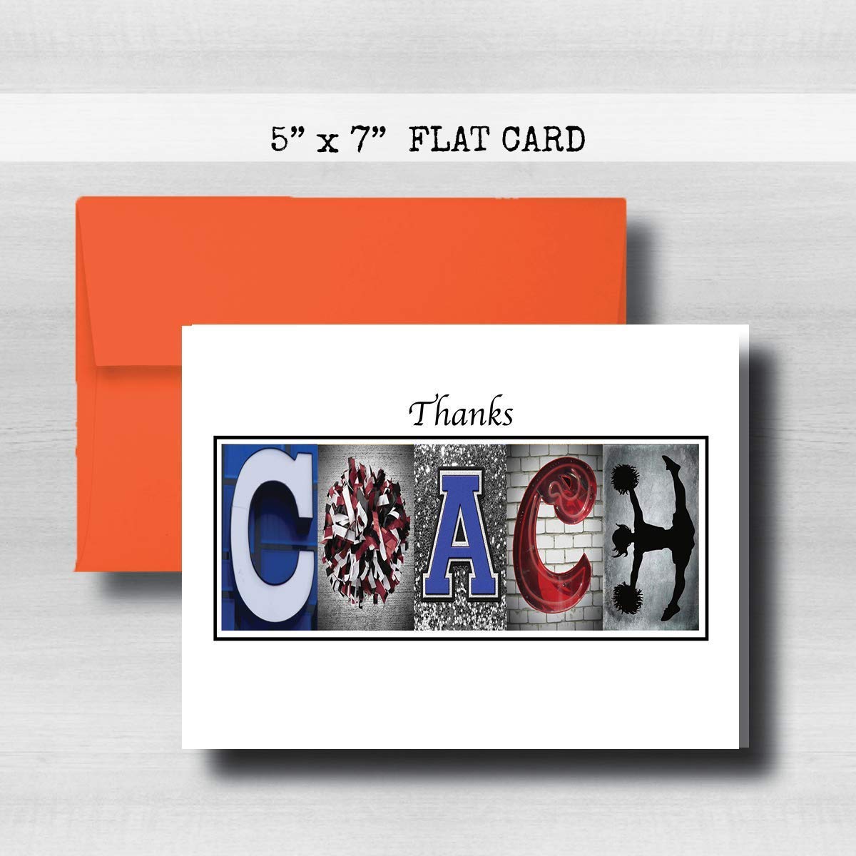 Personalized Cheerleading Red Blue Coach Thank You Card, 5"x 7" FLAT CARD, Greeting Cards