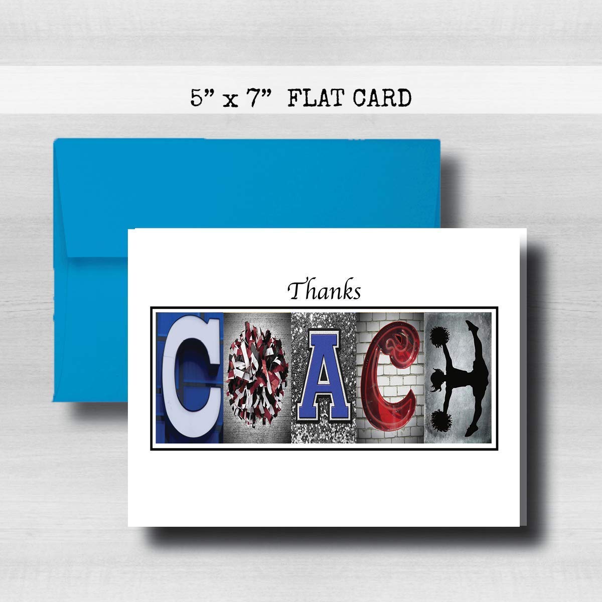 Personalized Cheerleading Red Blue Coach Thank You Card, 5"x 7" FLAT CARD, Greeting Cards