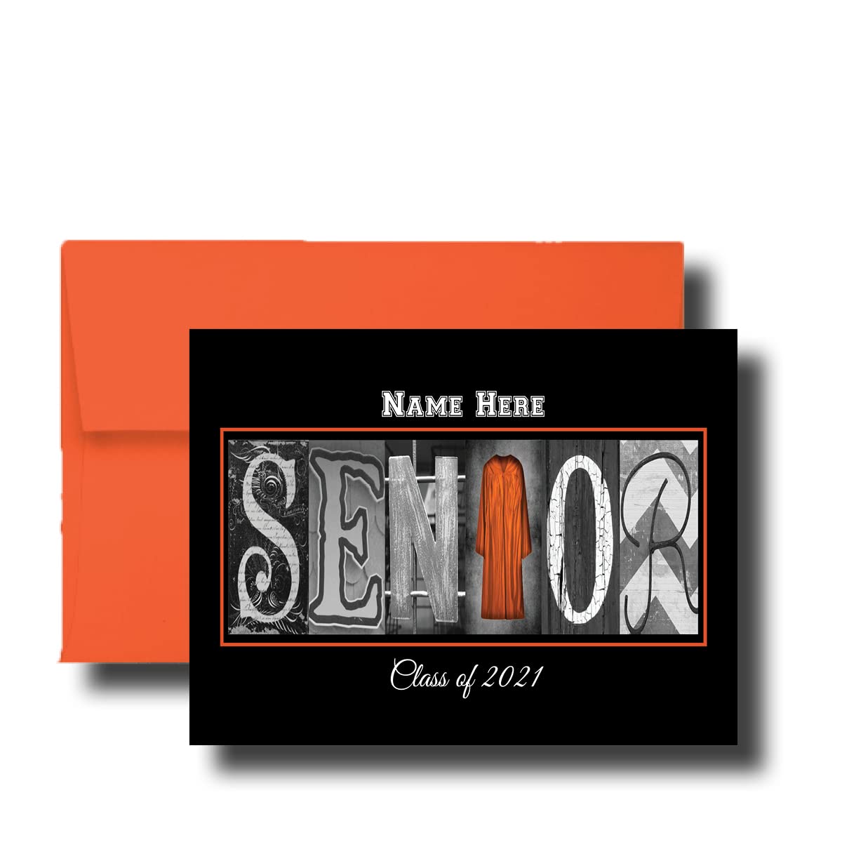 Senior Class of 2023, 2024, Graduation Cards, 5"x7" Flat or Folded Card Choice envelope color,Custom Graduation, Elegant, Letter Art, Scroll, School Color, College (Orange)