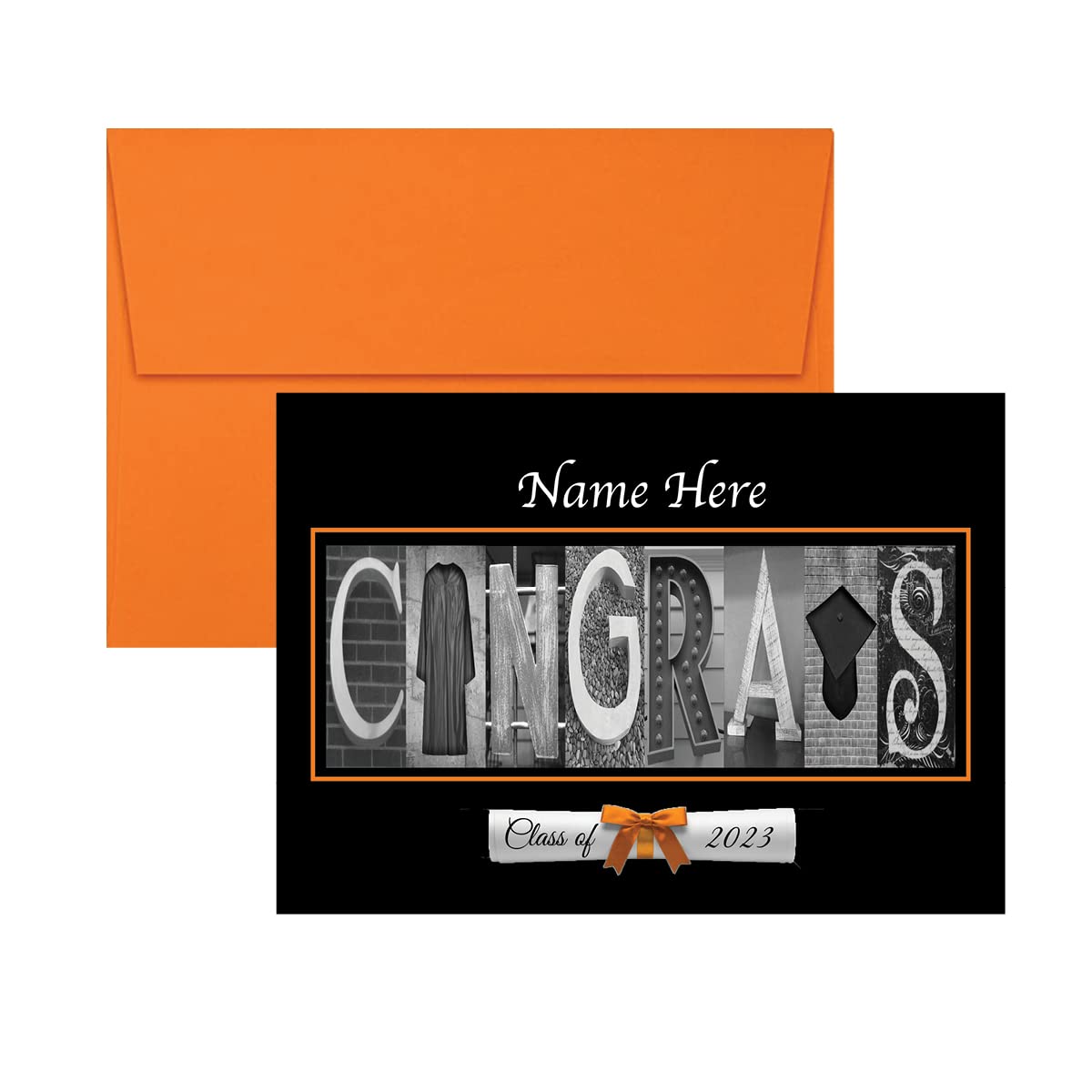 Personalized Congrats Class of 2023, 2024, Graduation Cards, 5"x7" Flat or Folded Card choice envelope color,Custom Grad, Elegant, Letter Art, Scroll, School Color, College (Orange)