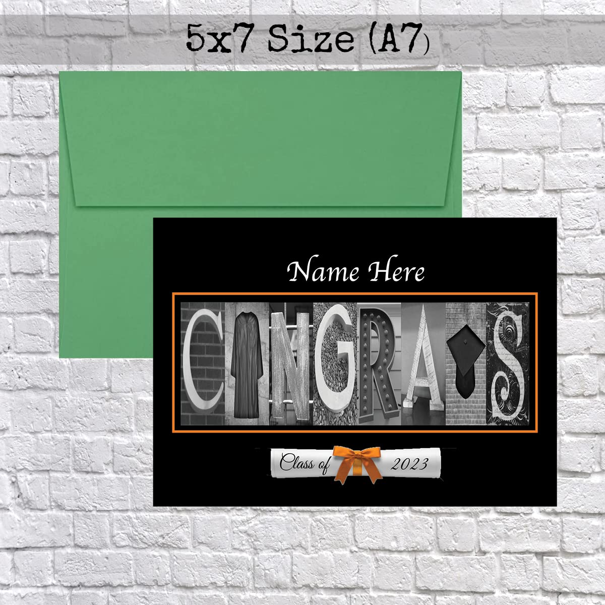 Personalized Congrats Class of 2023, 2024, Graduation Cards, 5"x7" Flat or Folded Card choice envelope color,Custom Grad, Elegant, Letter Art, Scroll, School Color, College (Orange)